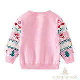 Dos du pull de Noël enfant rose, uni au centre avec manches à motifs festifs