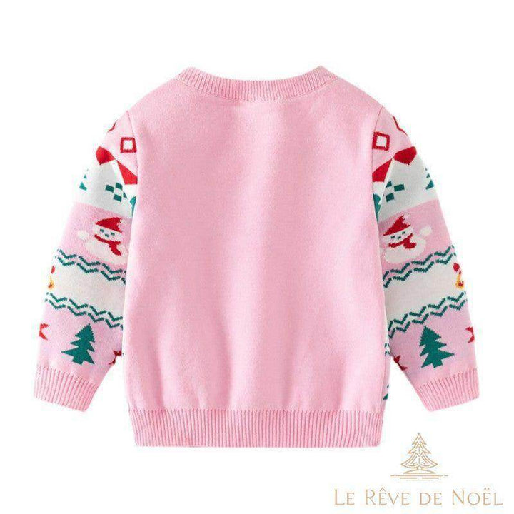 Dos du pull de Noël enfant rose, uni au centre avec manches à motifs festifs
