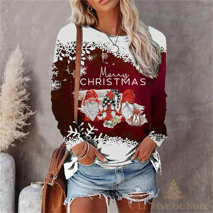 Pull rouge à bordure de flocons blancs, trois lutins gonk imprimés, texte « Merry Christmas »