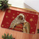 Tapis d'entrée rouge avec Père Noël à longue barbe blanche et sac de cadeaux, flocons dorés