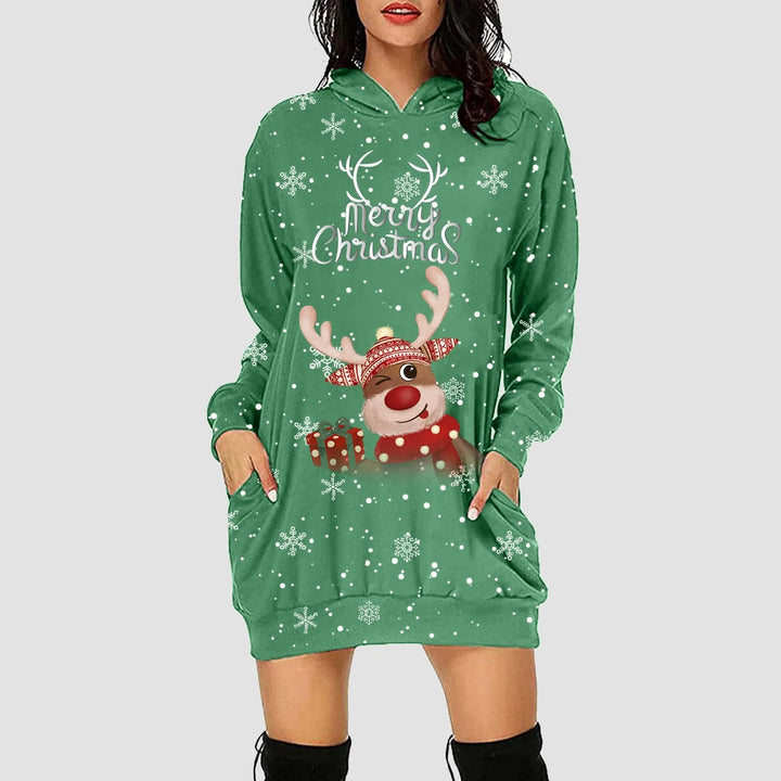 Robe sweat à capuche de Noël verte, renne clin d'œil avec cadeau et texte « Merry Christmas »