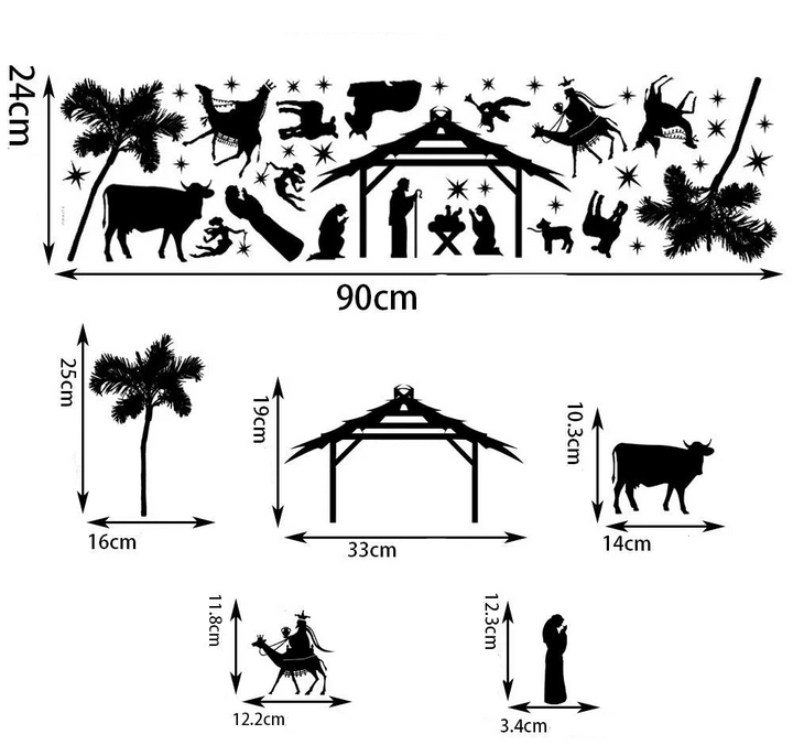 Schéma des dimensions du sticker crèche : scène de 90 x 24 cm, détail de chaque élément