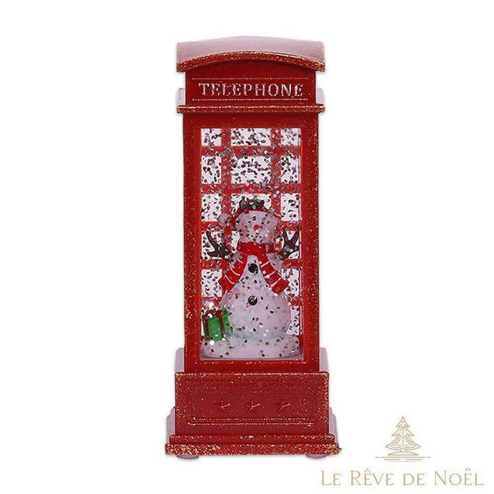 Boule à neige cabine téléphonique rouge, variante Bonhomme de neige, écharpe rouge visible