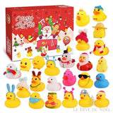 Calendrier de l'avent, boîte rouge Merry Christmas, canards jaunes à accessoires variés