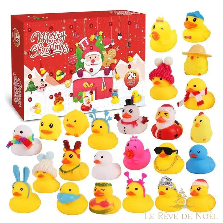 Calendrier de l'avent, boîte rouge Merry Christmas, canards jaunes à accessoires variés
