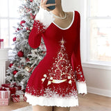 Robe de Noël rouge à sapin doré scintillant et nœud, bordures blanches au col et poignets