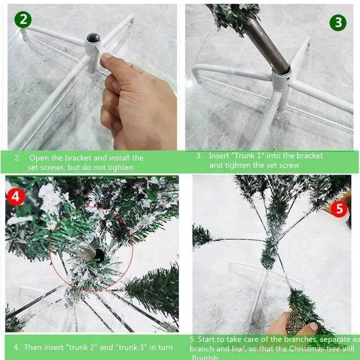 Schéma de montage en 4 étapes du tronc et du pied à croix d'un grand sapin artificiel