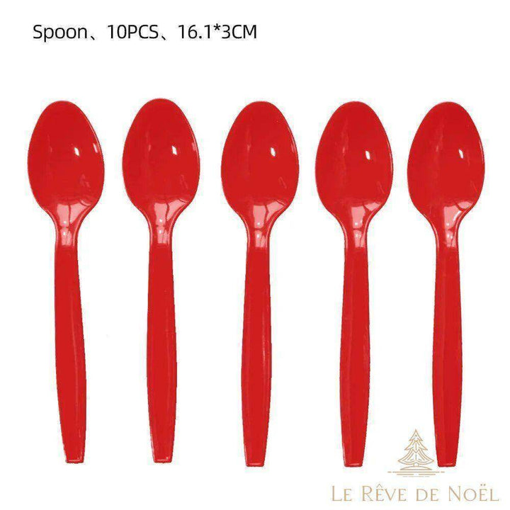 Cinq cuillères jetables en plastique rouge à manche fin, sur fond blanc, lot de 10 pièces