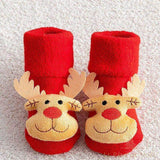 Paire de chaussettes de Noël bébé rouges, tête de renne en relief à bois beige et nez marron