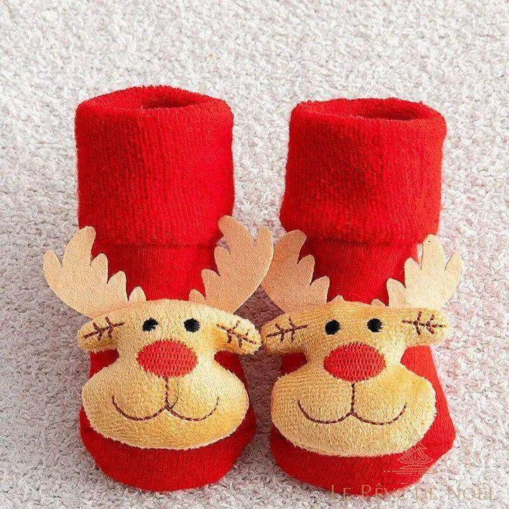 Paire de chaussettes de Noël bébé rouges, tête de renne en relief à bois beige et nez marron