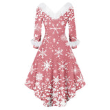 Robe de soirée de Noël rose poudré, col et manchettes en fausse fourrure blanche, flocons imprimés