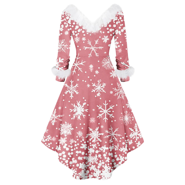 Robe de soirée de Noël rose poudré, col et manchettes en fausse fourrure blanche, flocons imprimés