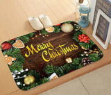 Tapis posé au sol dans une entrée : bordure de branches de sapin, boules dorées et pommes de pin