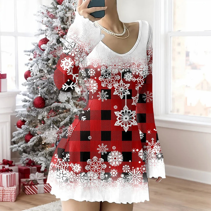 Robe de Noël à empiècement blanc et jupe à carreaux rouge et noir, flocons de neige imprimés