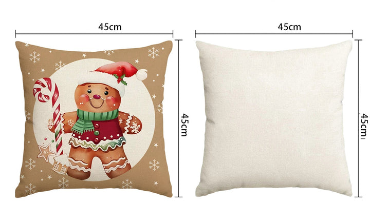Housse de coussin 45x45 cm : recto motif pain d'épice, verso uni crème, dimensions indiquées