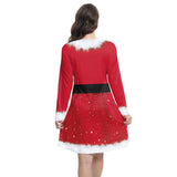 Vue de dos de la robe rouge façon Mère Noël, ceinture noire et jupe étoilée dorée