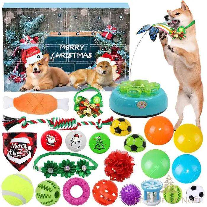 Coffret calendrier de l'avent chien entouré de jouets, chien dressé sur ses pattes arrière