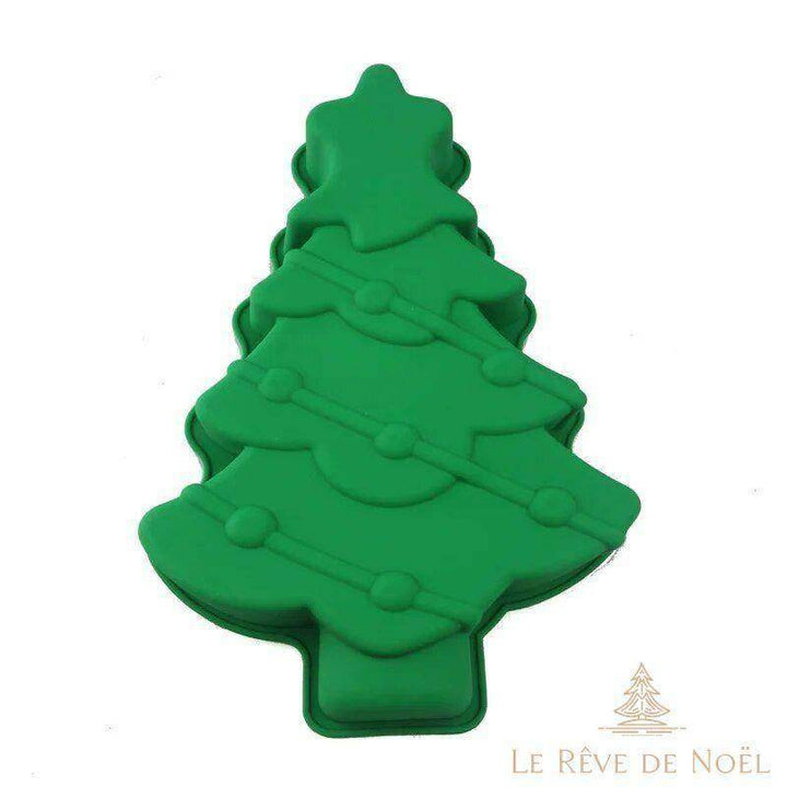 Moule à gâteau en silicone vert en forme de sapin de Noël, décor de guirlande en relief, vue de face