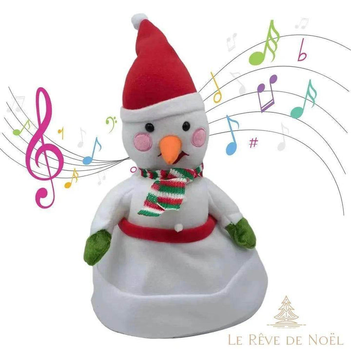 Bonnet de Noël bonhomme de neige entouré d'un graphisme de notes de musique colorées