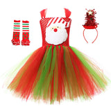Robe tutu à visage de Père Noël brodé, avec jambières à rayures et pois rouge-vert