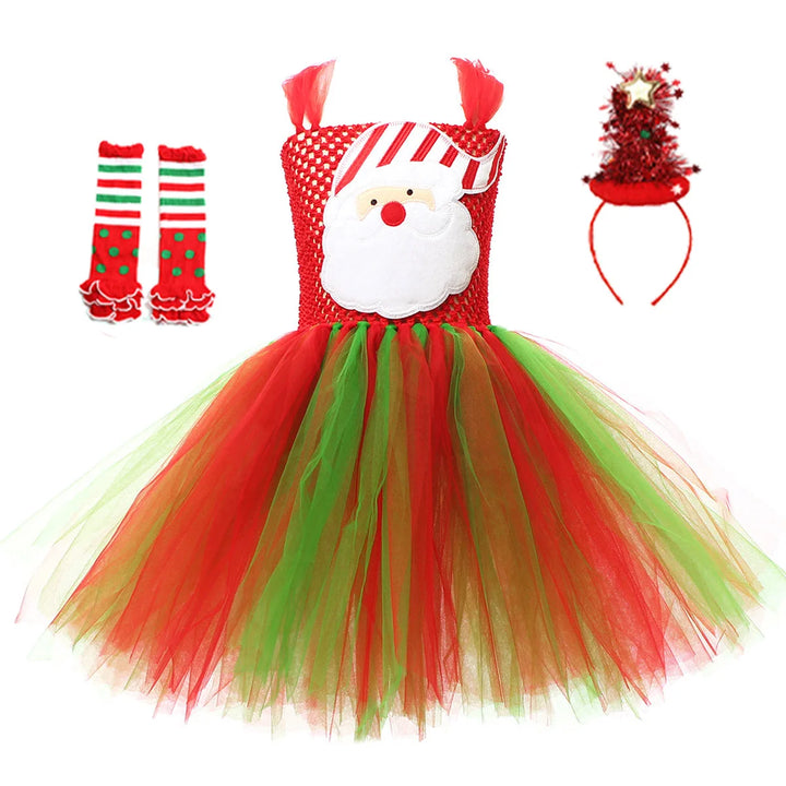 Robe tutu à visage de Père Noël brodé, avec jambières à rayures et pois rouge-vert