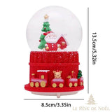 Boule à neige de Noël avec Père Noël sous le globe, cotes indiquées : 13,5 cm de haut, 8,5 cm de large