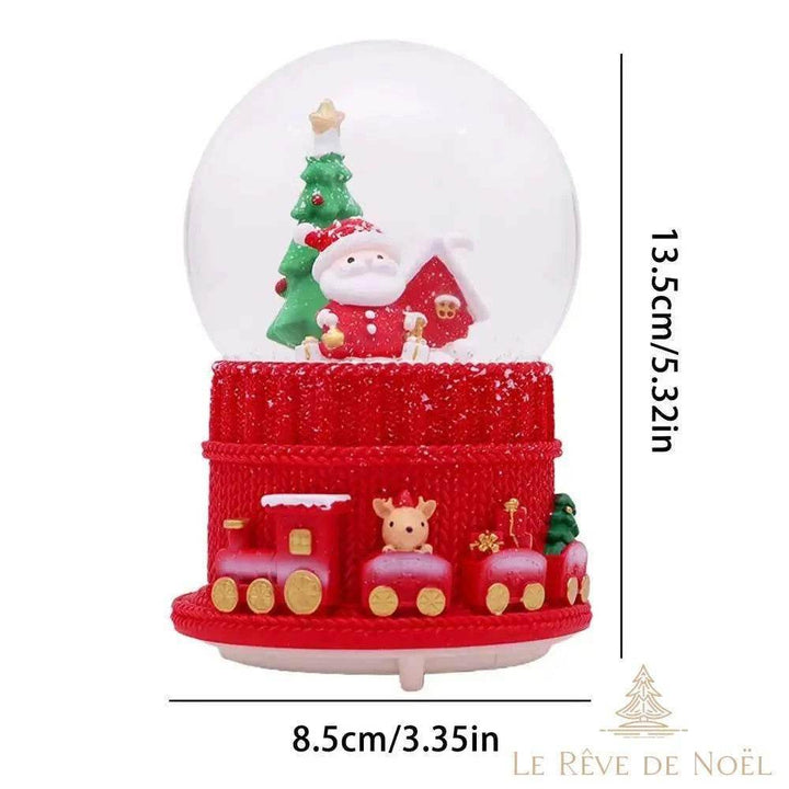 Boule à neige de Noël avec Père Noël sous le globe, cotes indiquées : 13,5 cm de haut, 8,5 cm de large