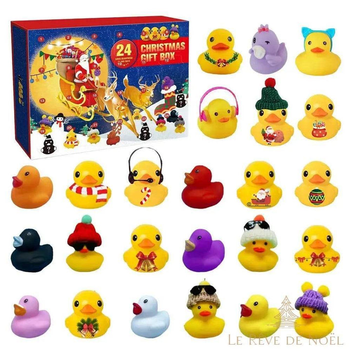 Calendrier de l'avent, boîte bleue au traîneau, canards multicolores à motifs de Noël imprimés