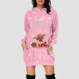 Robe sweat à capuche de Noël rose, renne clin d'œil avec cadeau et texte « Merry Christmas »
