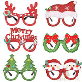 Six modèles de lunettes de Noël pailletées en gros plan : rennes, bonnet, sapin, couronne, Père Noël