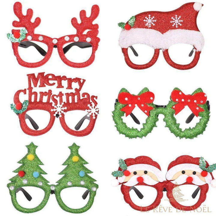 Six modèles de lunettes de Noël pailletées en gros plan : rennes, bonnet, sapin, couronne, Père Noël