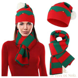 Bonnet à motif zigzag rouge et vert avec grelots et pompon, écharpe assortie à rayures