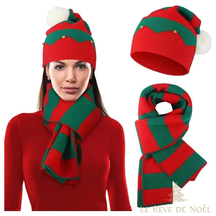 Bonnet à motif zigzag rouge et vert avec grelots et pompon, écharpe assortie à rayures