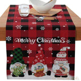 Chemin de table à carreaux avec trois lutins et l'inscription Merry Christmas, sur une table