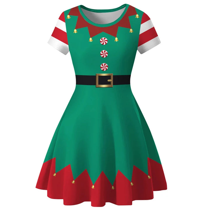 Robe de Noël verte façon lutin, col et ourlet zigzag rouges à clochettes dorées, ceinture noire