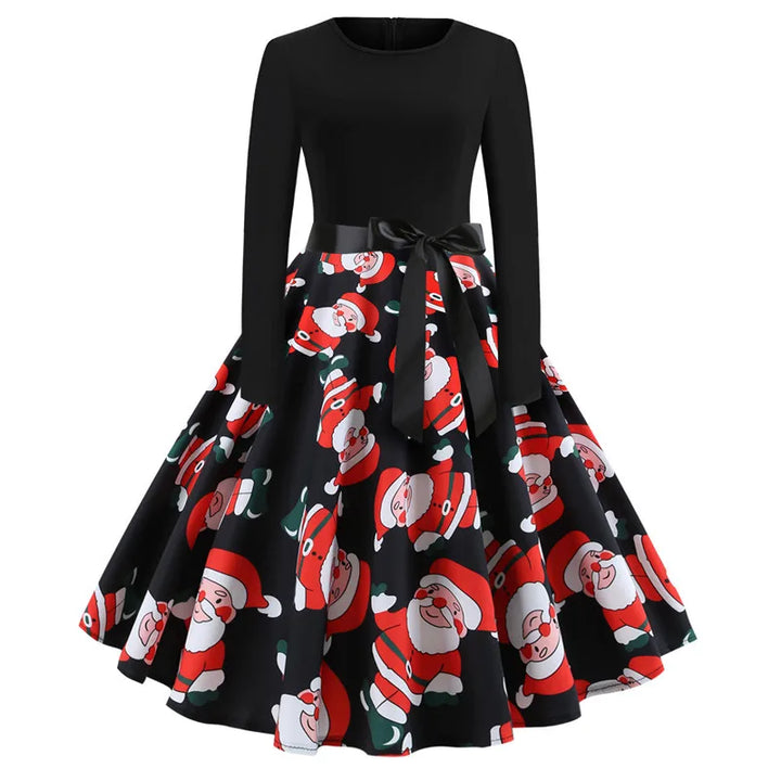 Robe de Noël noire, jupe évasée imprimée de grands Père Noël facétieux, nœud noir à la taille