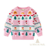 Pull de Noël enfant rose à motifs bonhommes pain d'épice, sapins et bonhommes de neige