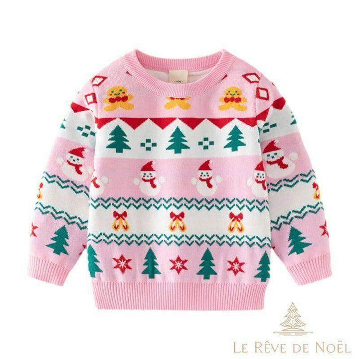 Pull de Noël enfant rose à motifs bonhommes pain d'épice, sapins et bonhommes de neige