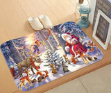 Tapis posé au sol dans une entrée : Père Noël en forêt enneigée entouré de lapins et d'écureuils