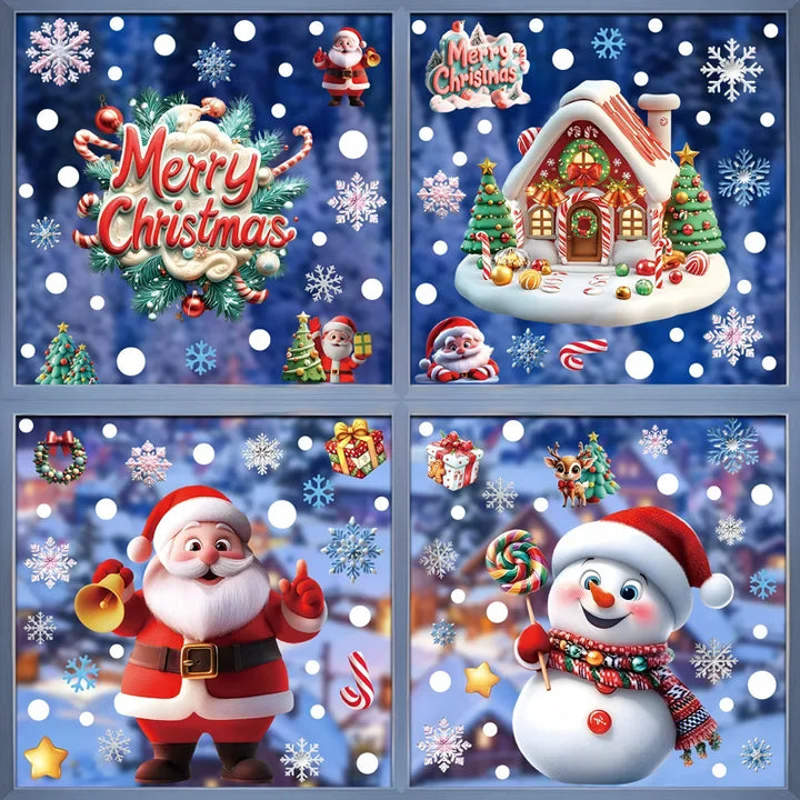 Fenêtre à cadre gris-bleu avec stickers de Noël : maison en pain d'épice, Père Noël et bonhomme de neige