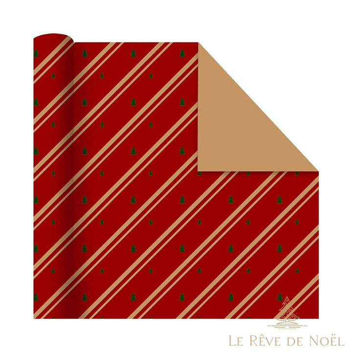 Rouleau de papier cadeau rouge à rayures diagonales dorées et petits sapins verts, envers kraft