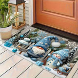 Tapis rectangulaire bleu avec gnome et bonhomme de neige, posé devant une porte d'entrée