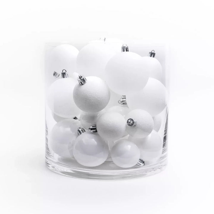 Lot de 30 boules de Noël blanches brillantes, mates et pailletées dans un vase en verre