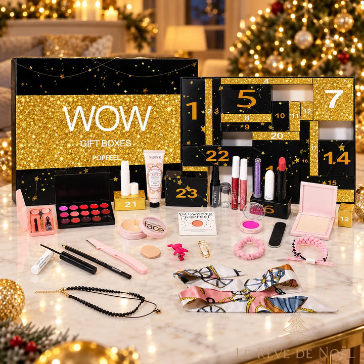 Calendrier de l'Avent beauté WOW noir et or ouvert sur une coiffeuse, maquillage disposé devant, salon décoré pour Noël