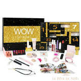 Coffret WOW noir et or ouvert et son contenu : palette de rouges à lèvres, poudres, gloss, foulard, chouchous, collier