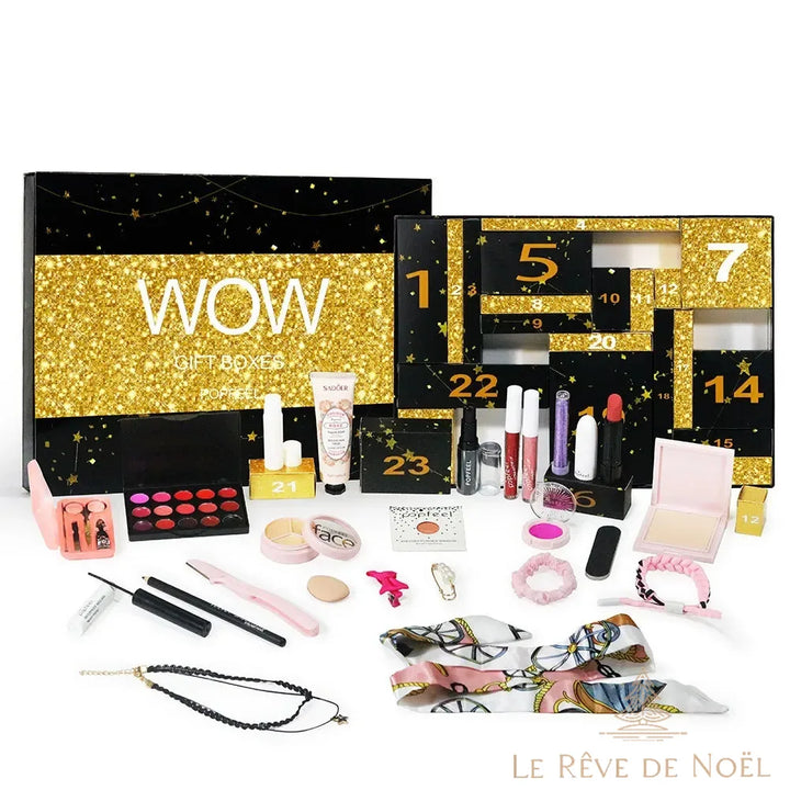 Coffret WOW noir et or ouvert et son contenu : palette de rouges à lèvres, poudres, gloss, foulard, chouchous, collier