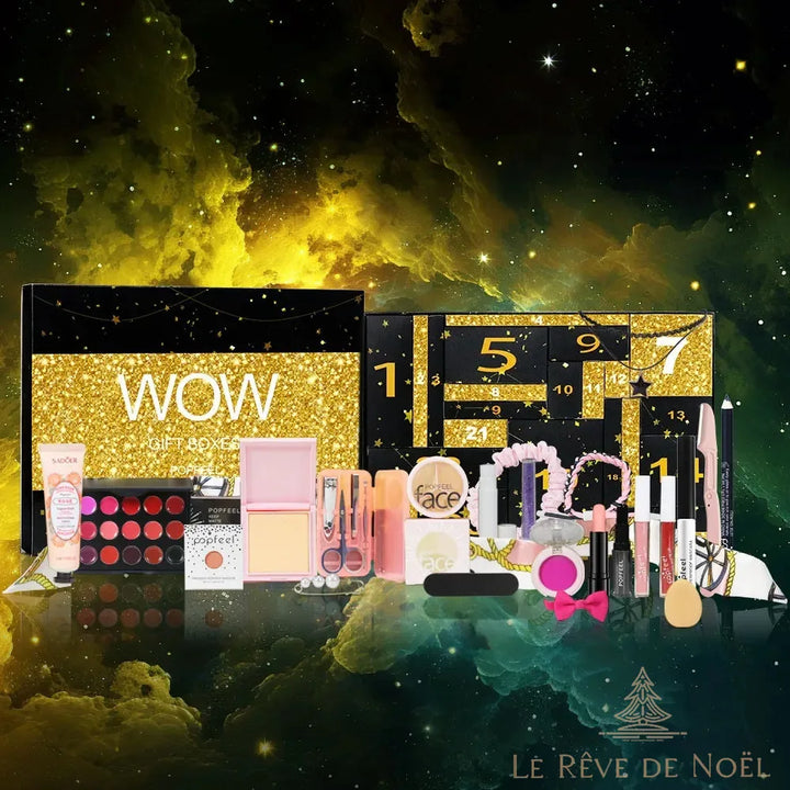 Calendrier beauté WOW noir et or, tiroirs numérotés et produits de maquillage alignés devant