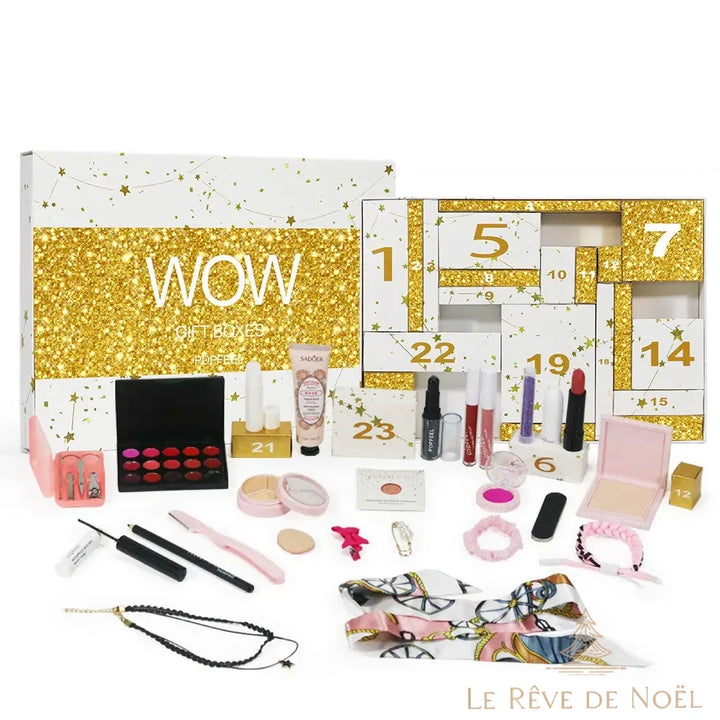 Coffret WOW blanc et or ouvert et son contenu de maquillage et d'accessoires