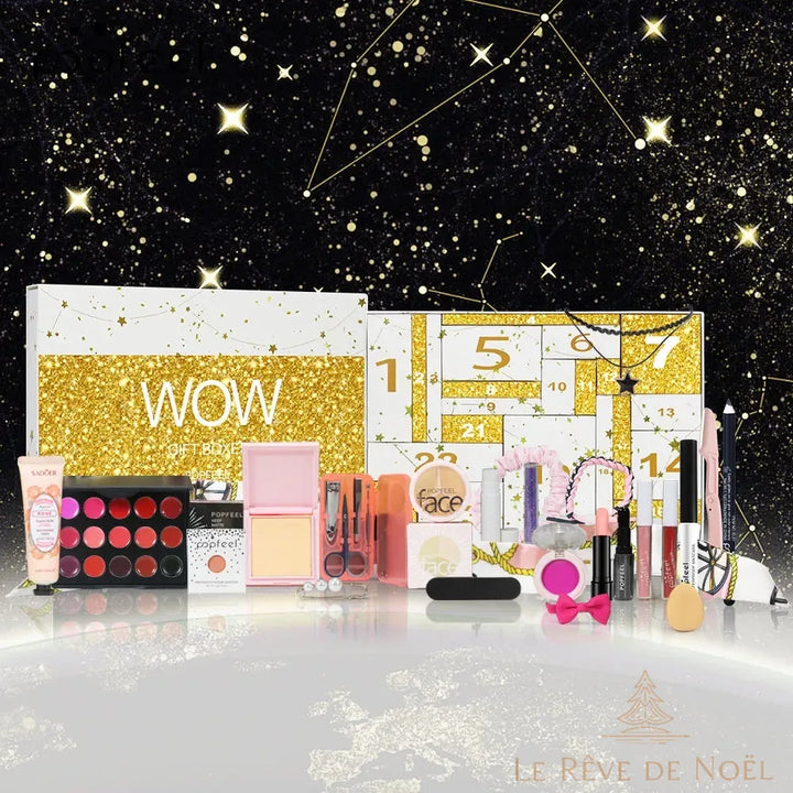 Calendrier beauté WOW blanc et or, tiroirs numérotés et produits alignés devant