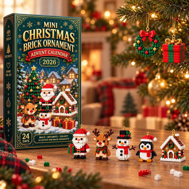 Calendrier de l'Avent briques et figurines de Noël montées sur une table, deux suspendues au sapin